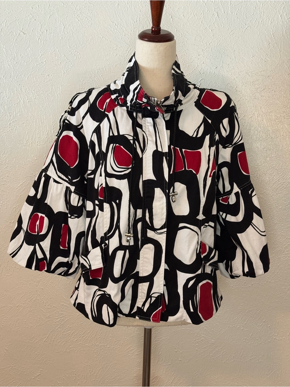 Berek Women's Black & White Abstract Print Jacket with Red Accents M